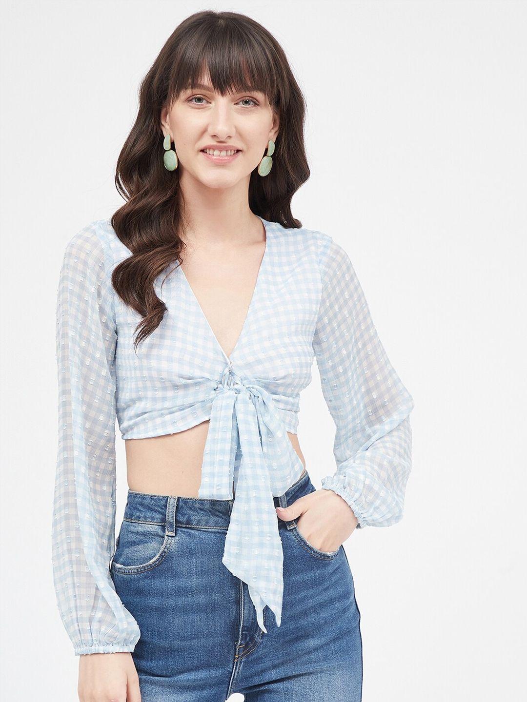 kibo checked knotting chiffon crop top