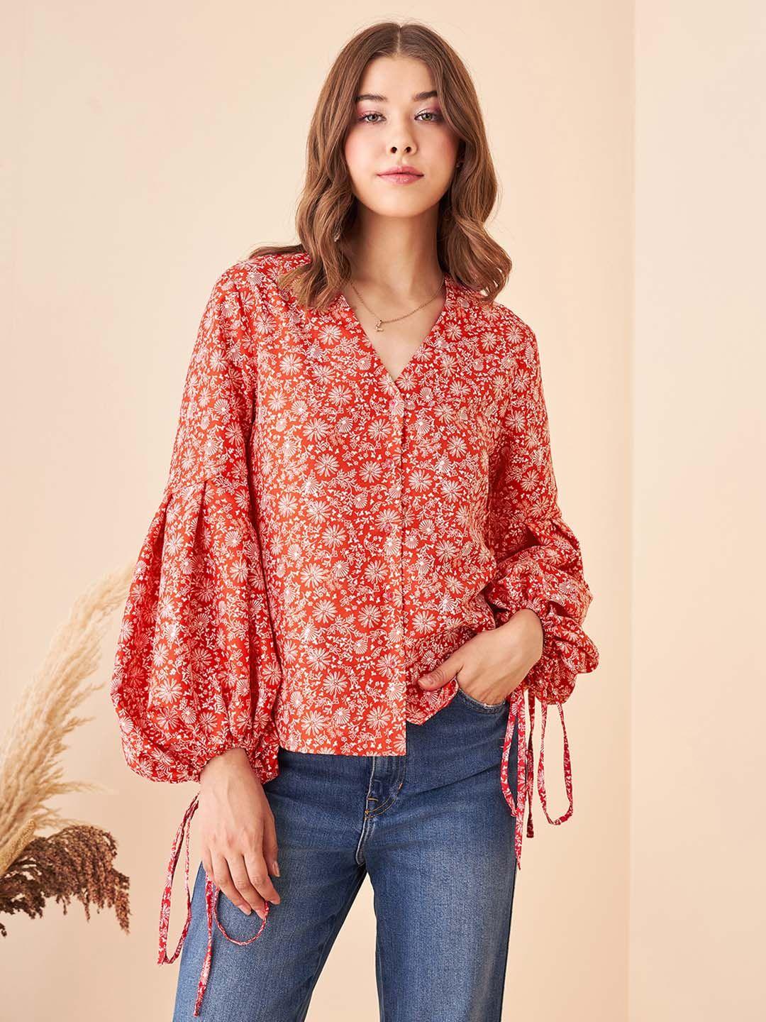 kibo floral printed mandarin collar shirt style top
