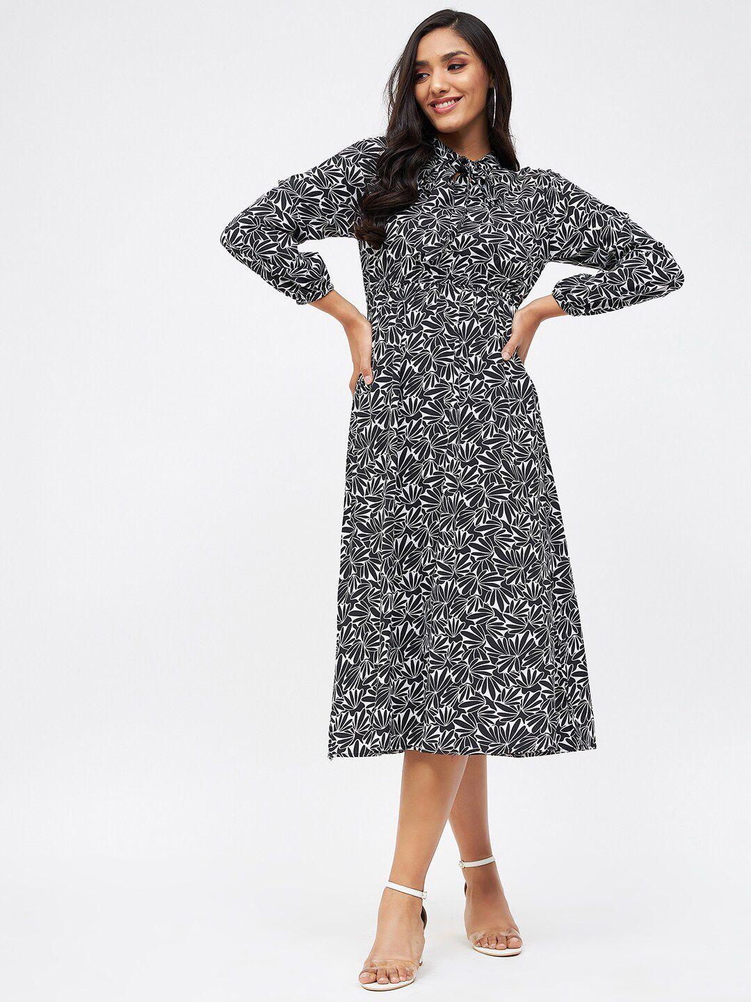 kibo floral printed tie-up neck a-line midi dress