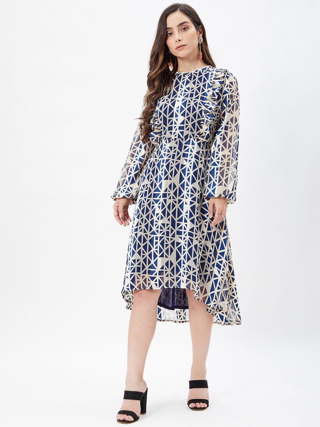 kibo geometric printed ruffled boat neck puff sleeves georgette midi fit & flare dress