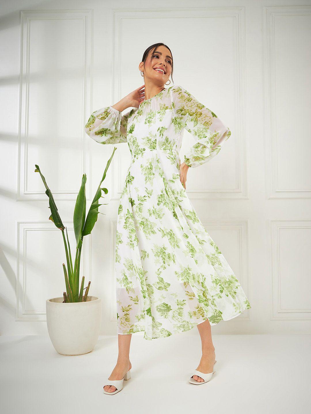 kibo green floral print flared sleeve georgette a-line midi dress