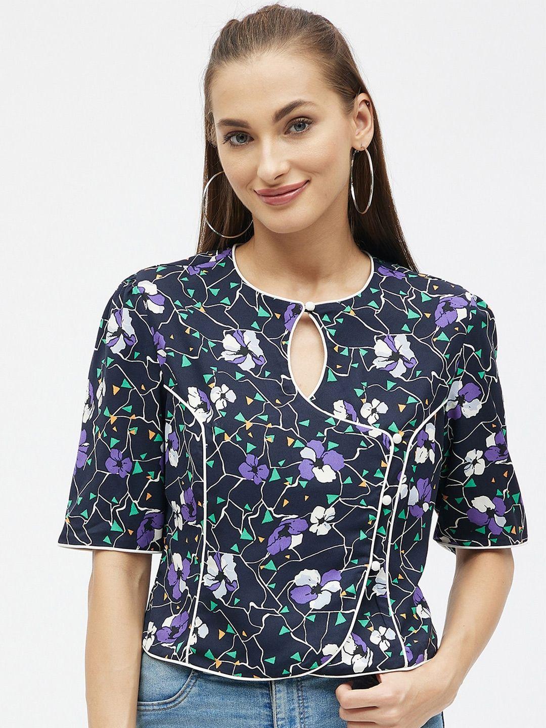 kibo navy blue floral print keyhole neck georgette top