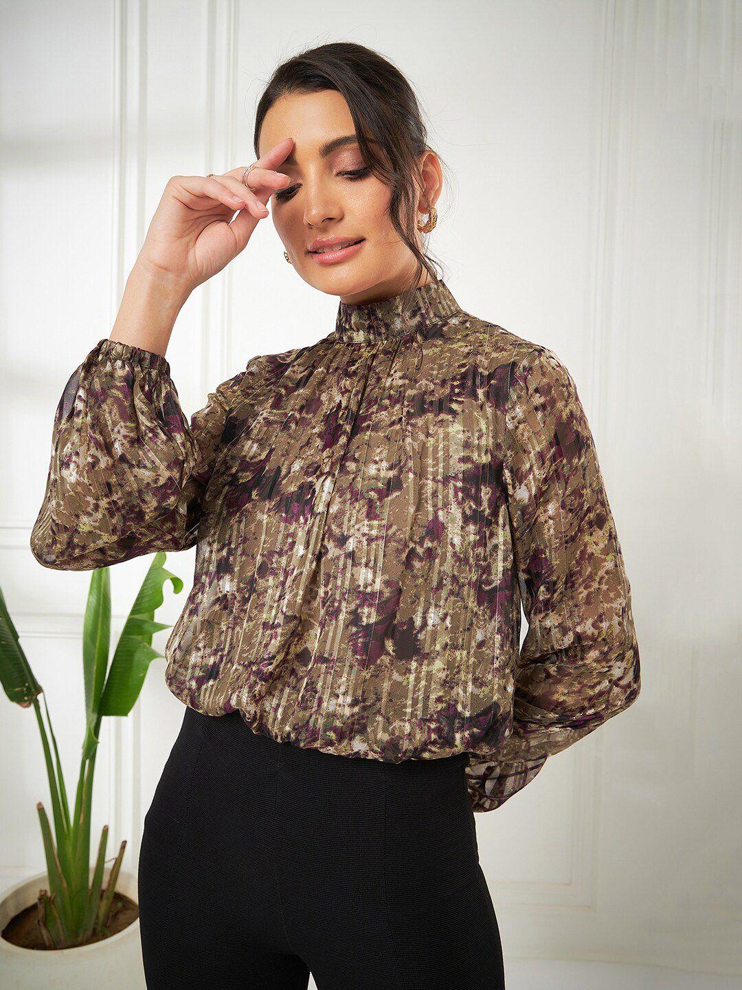 kibo olive green floral print bell sleeve chiffon blouson top