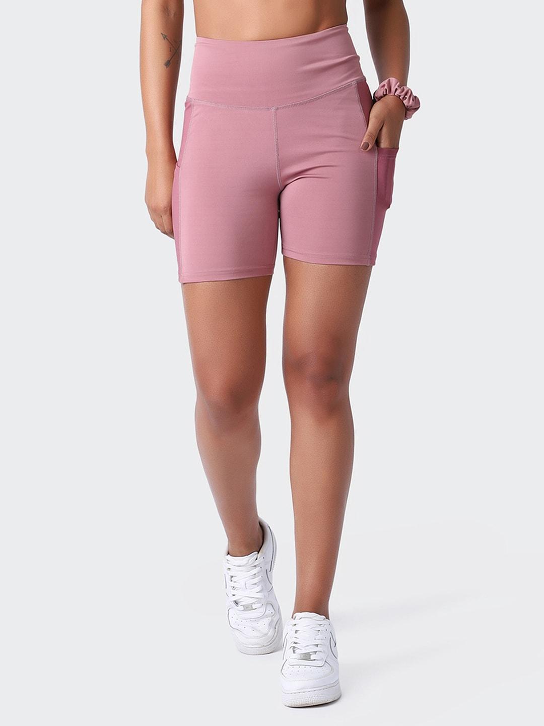 kica women mauve breathable & moisture-wicking high waisted cycling shorts with 2 pockets