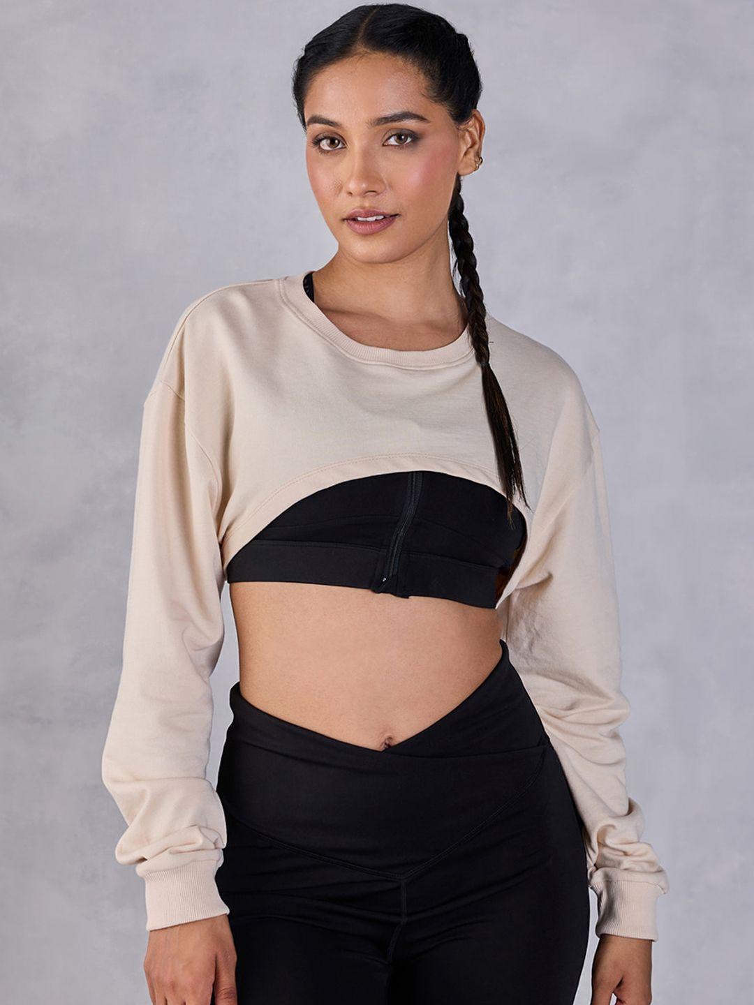 kica round neck training or gym cotton open front crop jacket