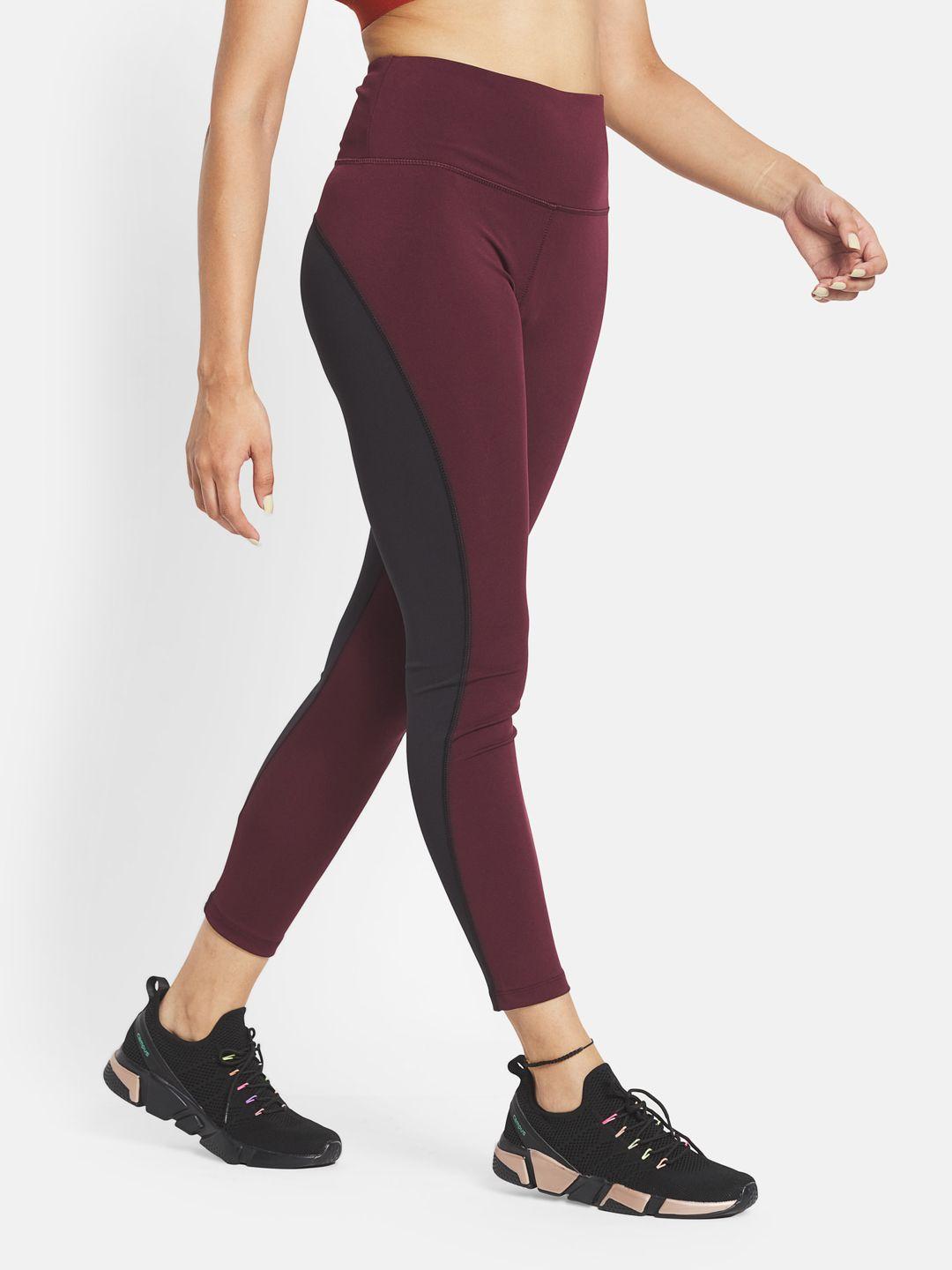 kica women burgundy & black solid high-rise cropped tights