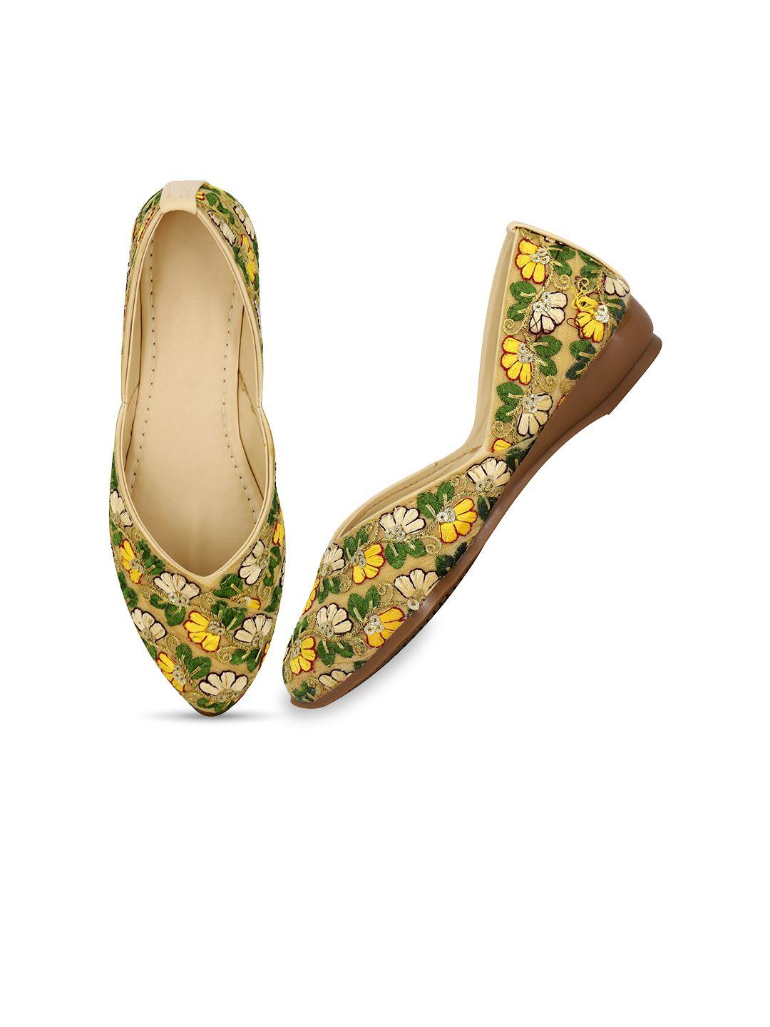 kickonn women khaki embellished ethnic mojaris flats