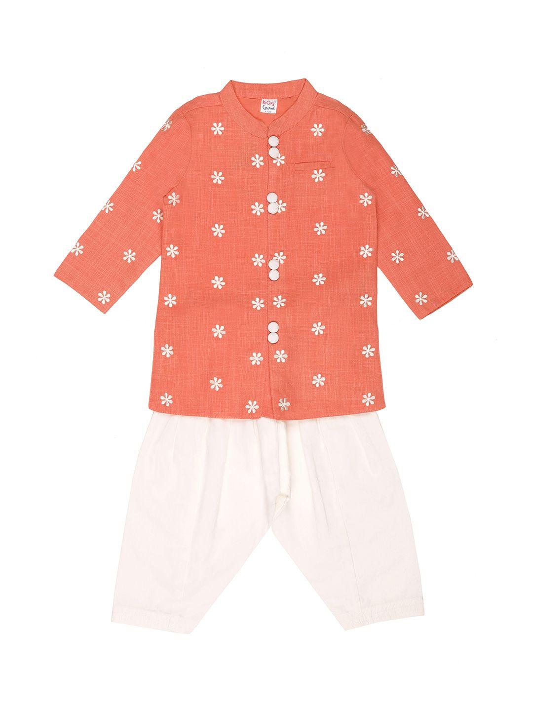 kicks & crawl boys coral orange & off-white embroidered kurta with pyjamas