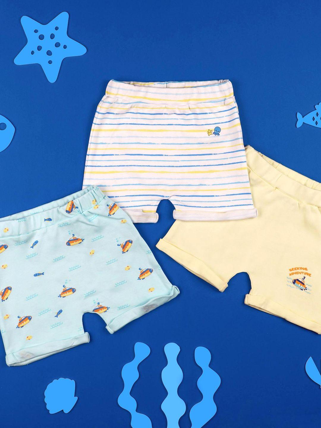 kicks & crawl boys pack of 3 sea adventure printed cotton shorts