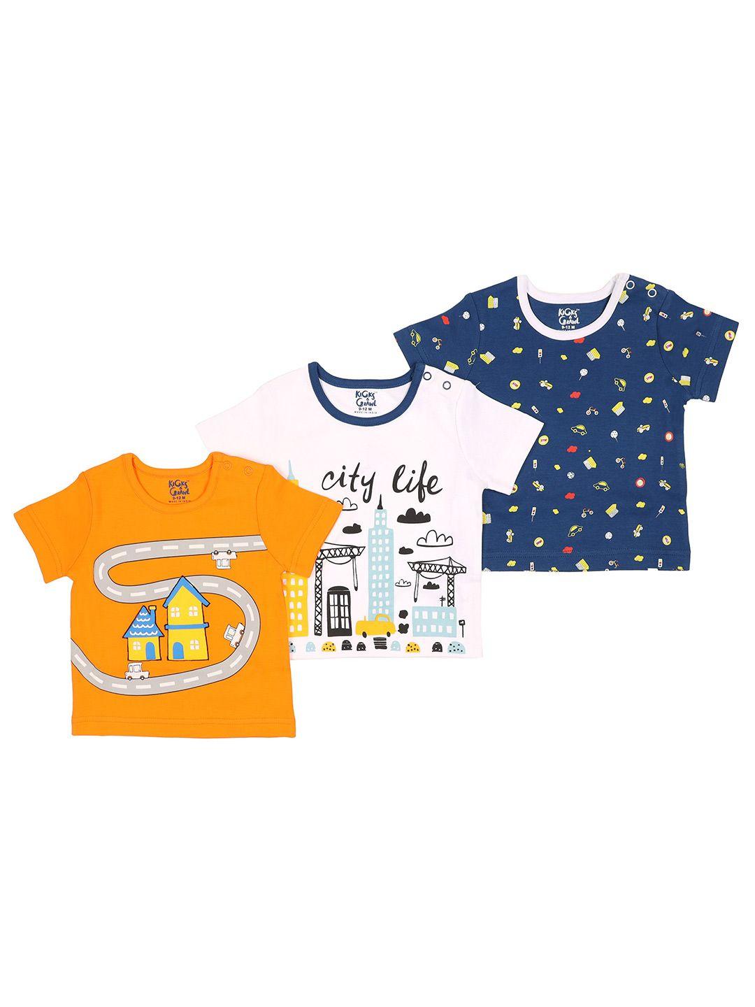 kicks & crawl boys set of 3 white, navy blue & orange printed t-shirts