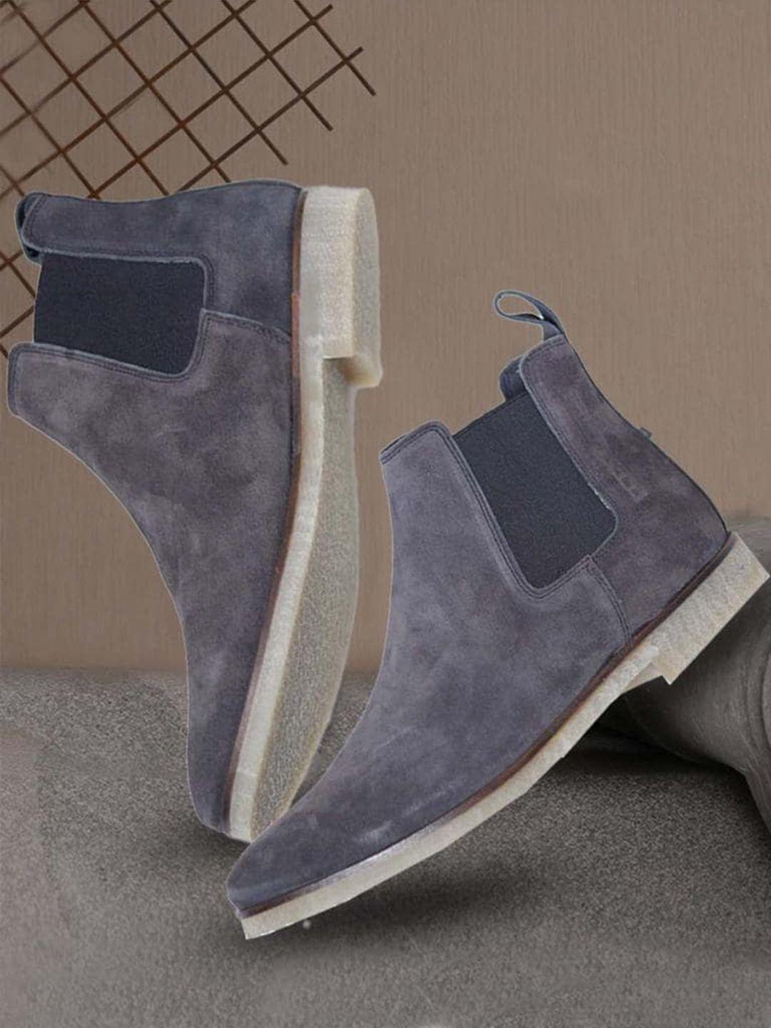 kicksfire men mid top block-heel pure leather chelsea boots