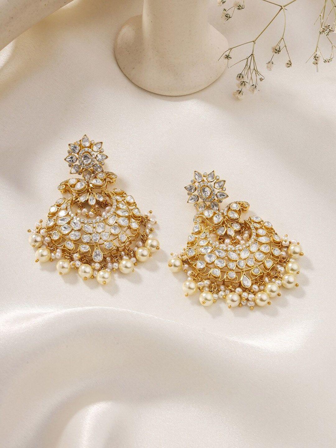 kicky and perky gold-plated stone-studded & beaded 925 sterling silver chandbalis earrings