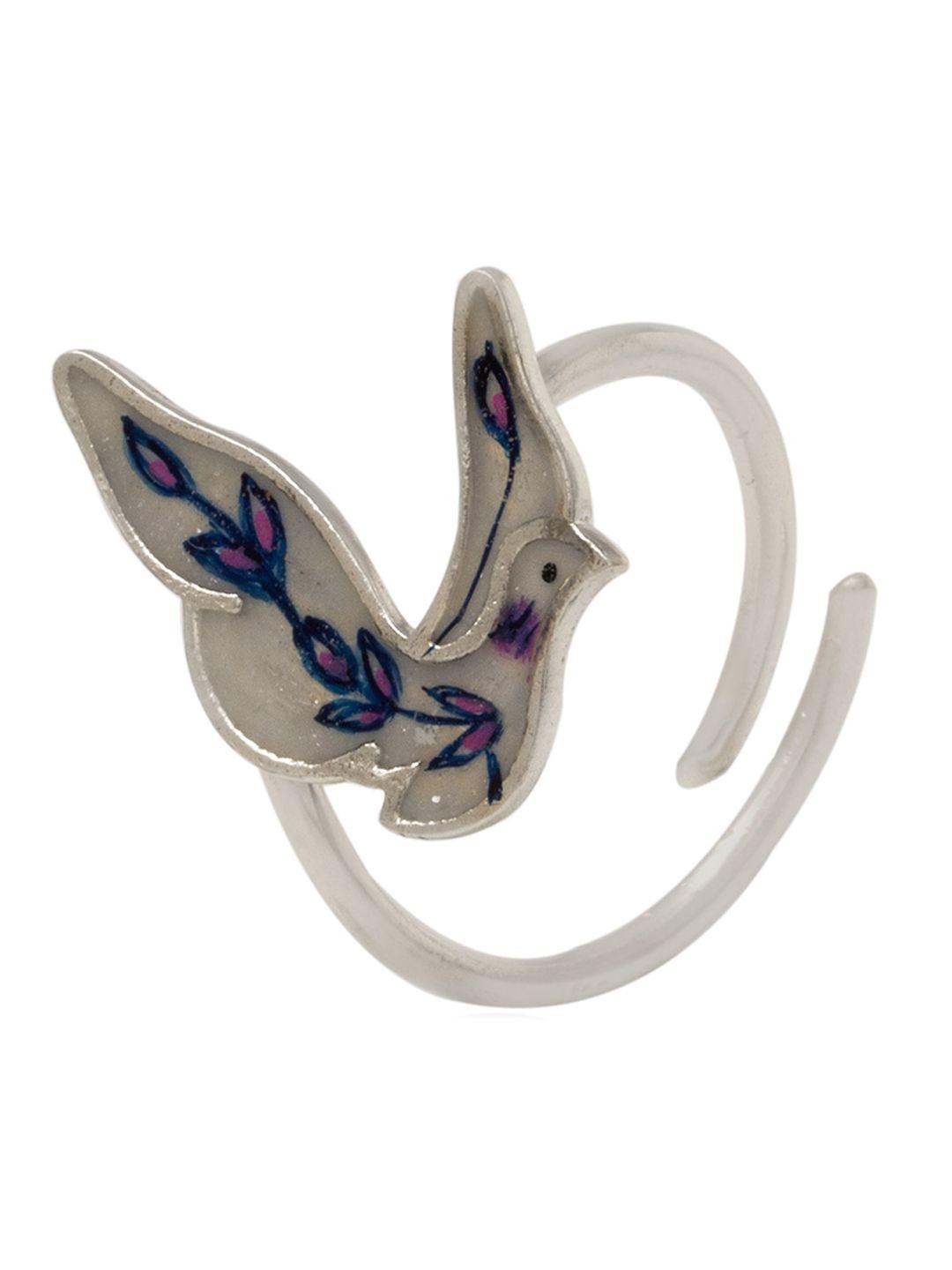 kicky and perky silver plated enamel bird adjustable ring