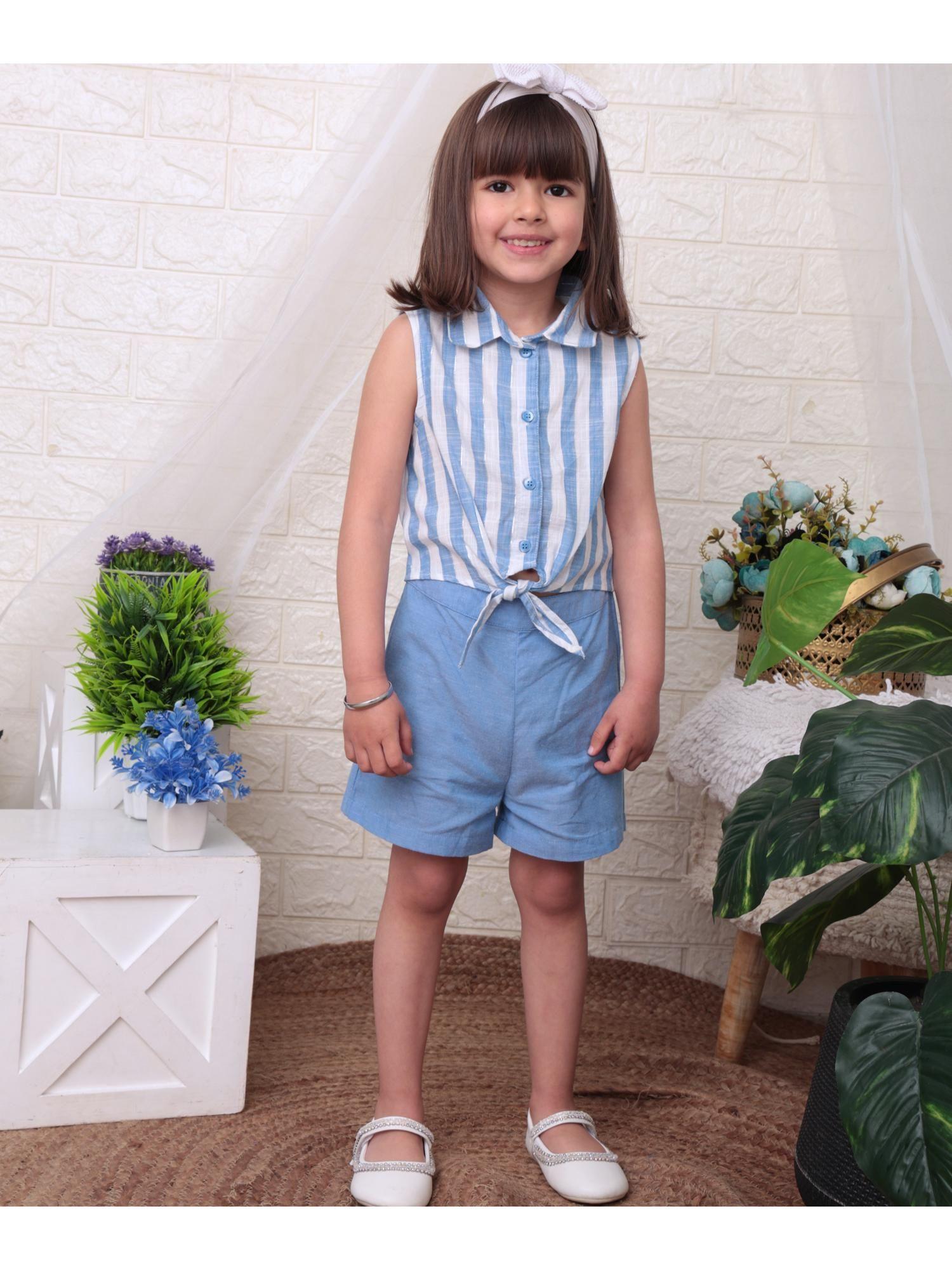 kid girl's blue lurex stripe tie knot jumpsuit