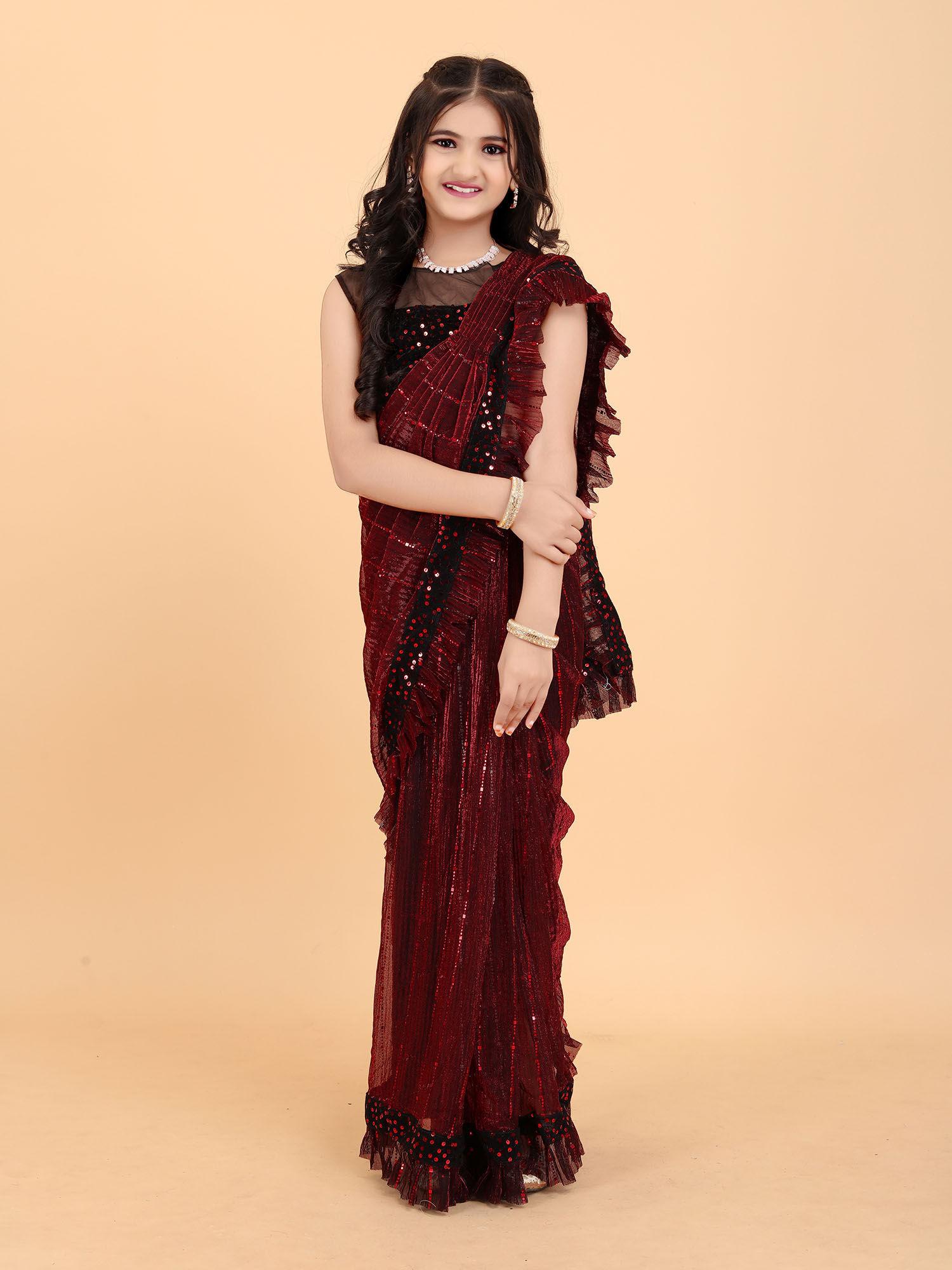 kid girls stylish saree maroon with unstitched blouse