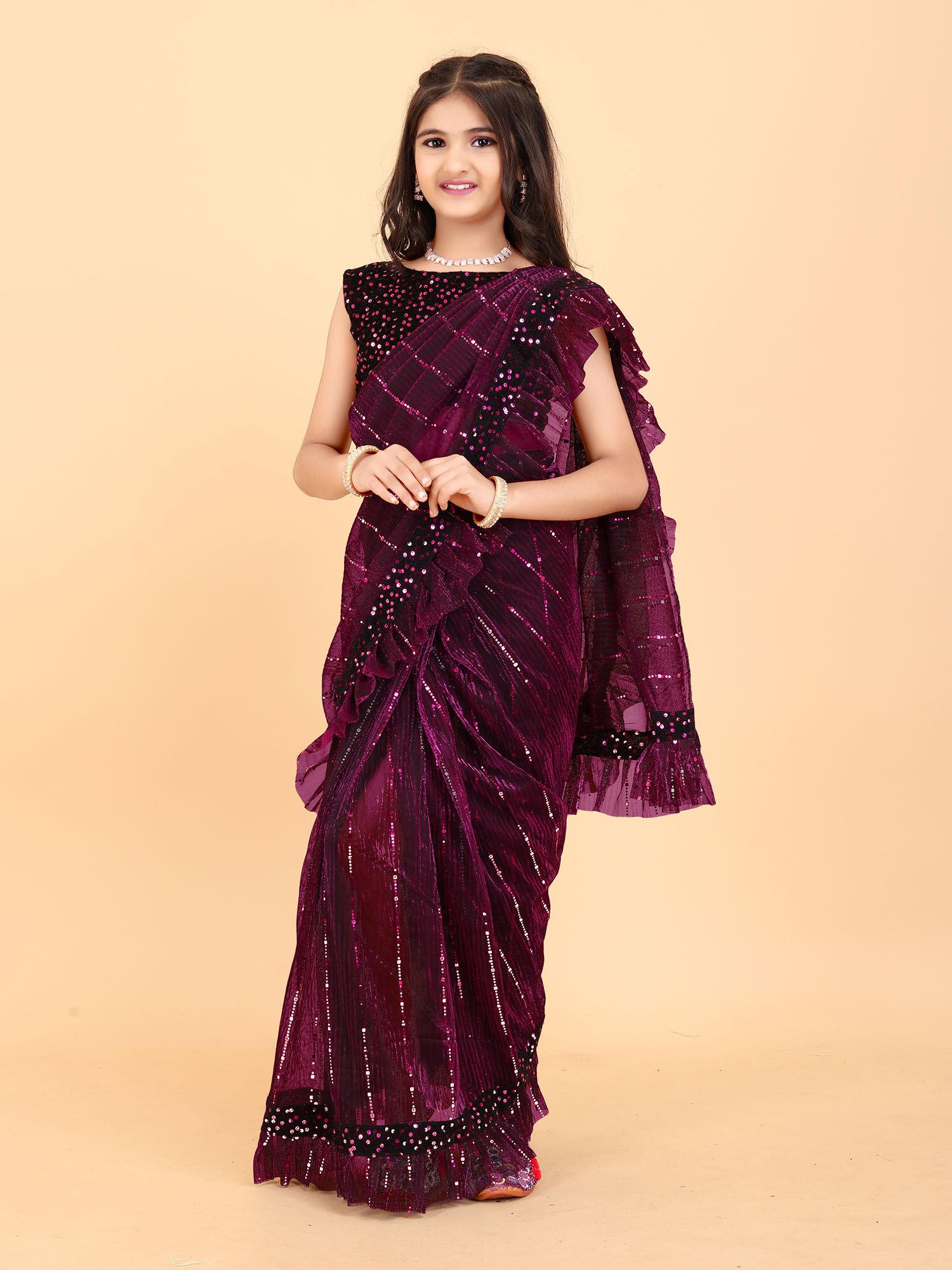 kid girls stylish saree purple with unstitched blouse
