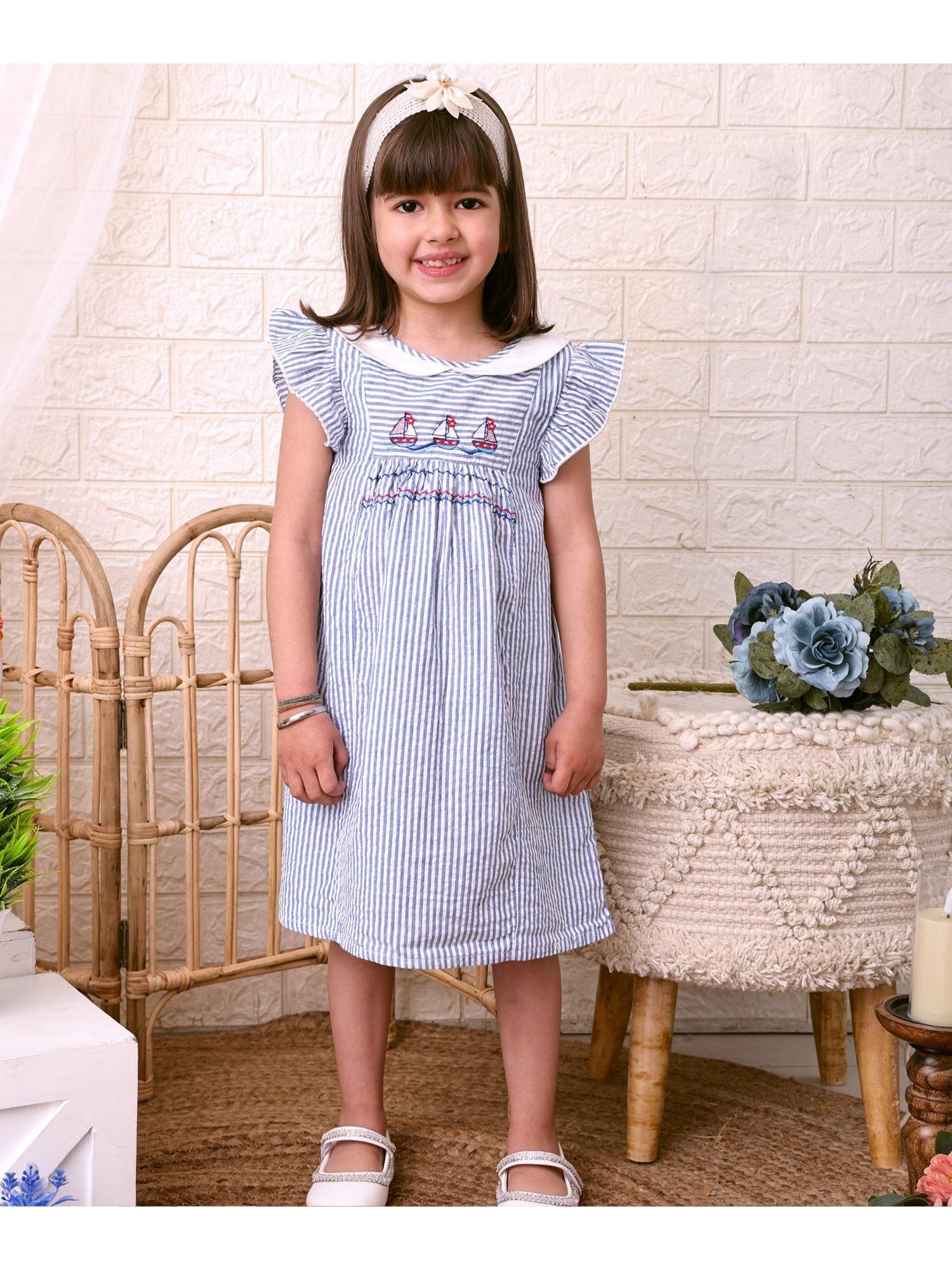 kid girl's nautical embroidered seersucker blue stripe dress