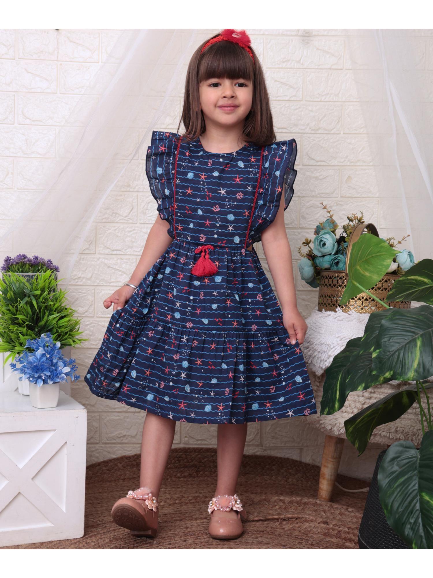 kid girl's navy nautical print cut-out dress with tassel