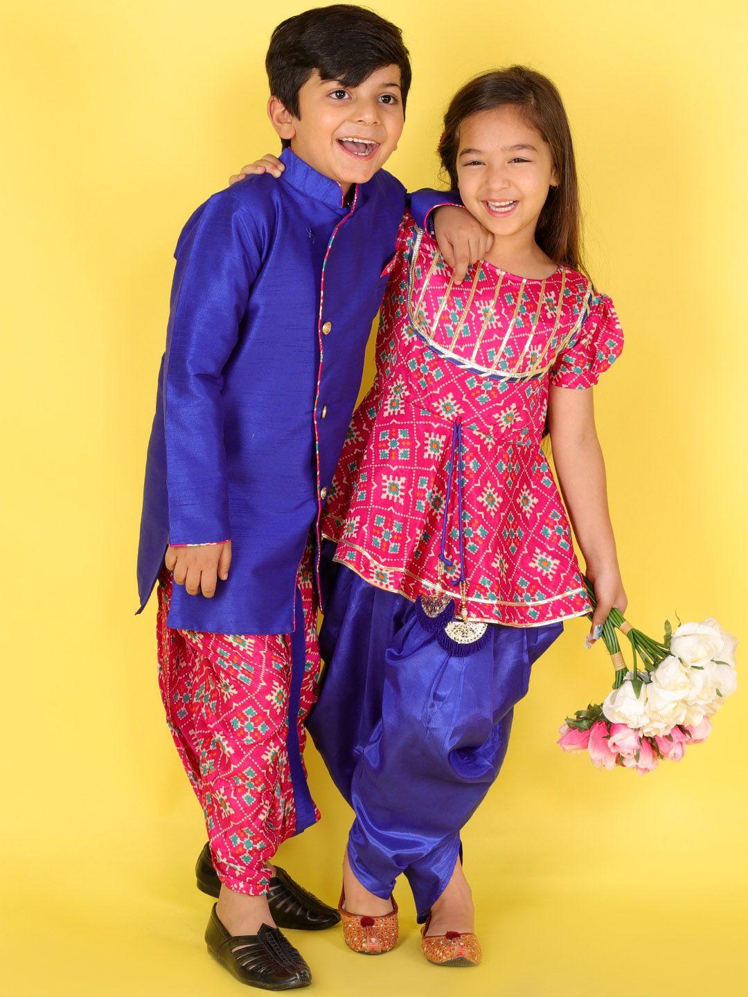 kid1 boys blue & pink sherwani with pattola print dhoti