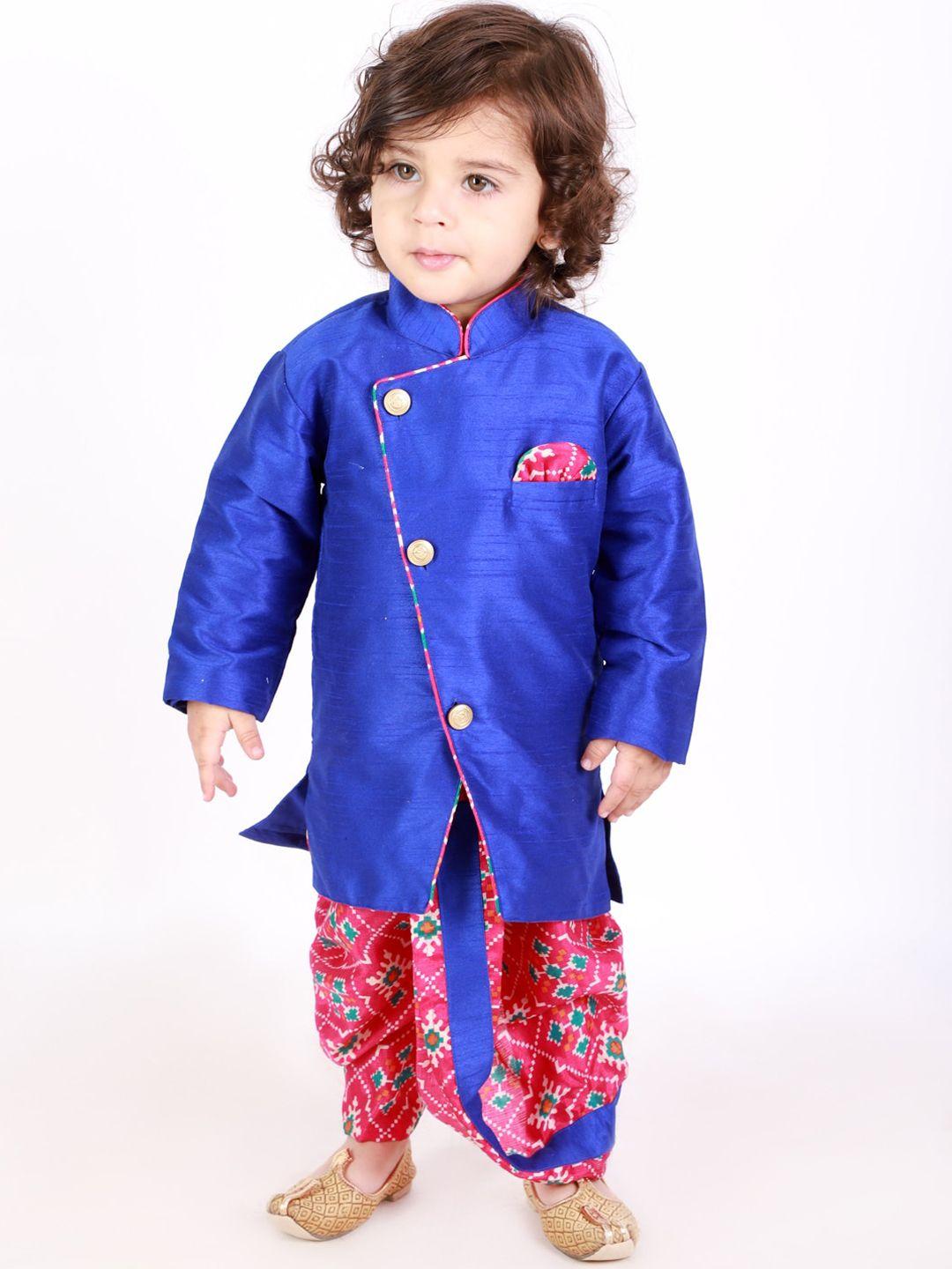 kid1 boys blue & red solid sherwani with pattola dhoti