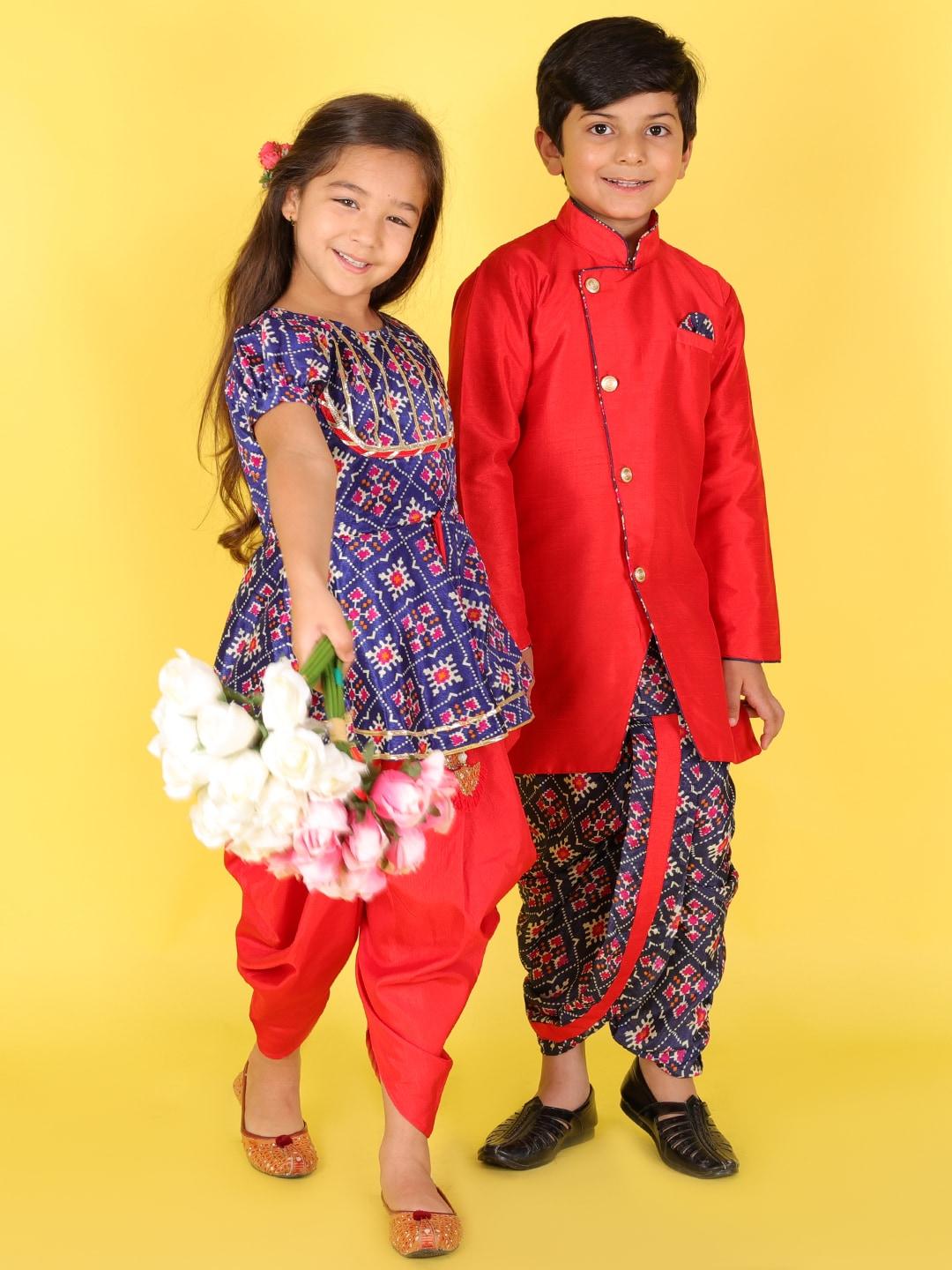 kid1 boys red & navy blue sherwani with pattola print dhoti