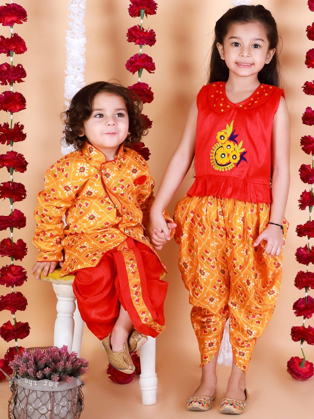 kid1 boys yellow & red festive pattola print sherwani with dhoti
