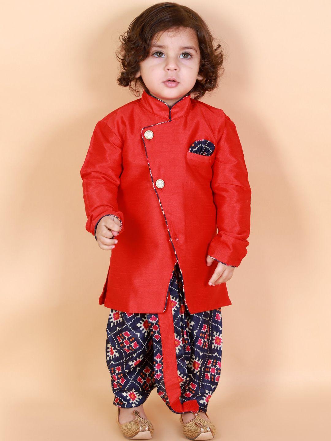 kid1 infant boys red & navy-blue festive sherwani with pattola print dhoti