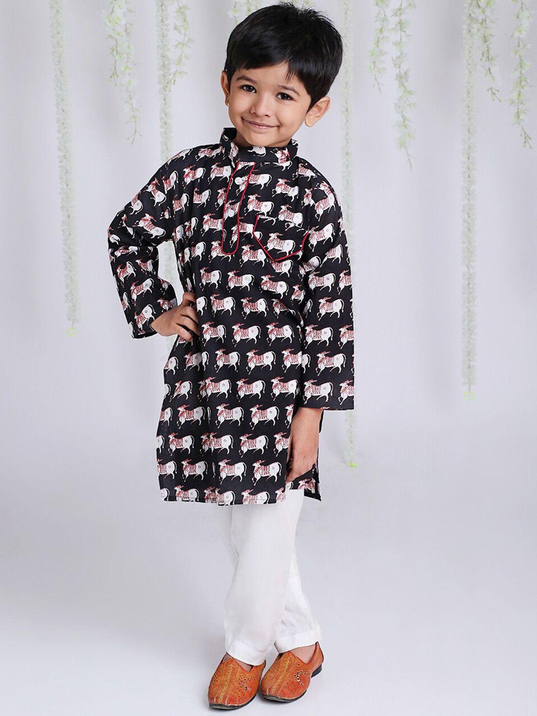 kid1 boys black printed kurta with pyjamas