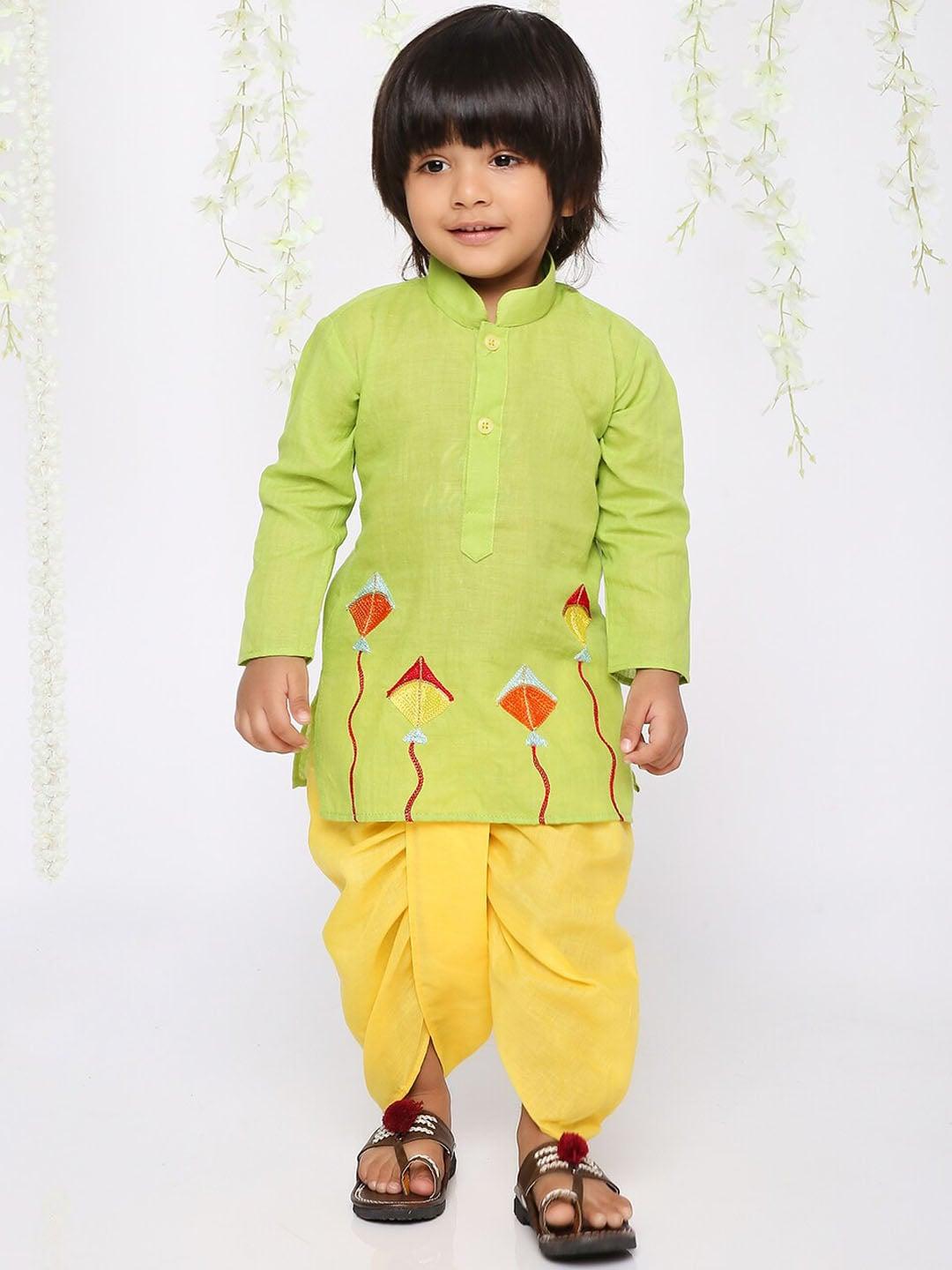 kid1 boys embroidered thread work pure cotton kurta with dhoti pants