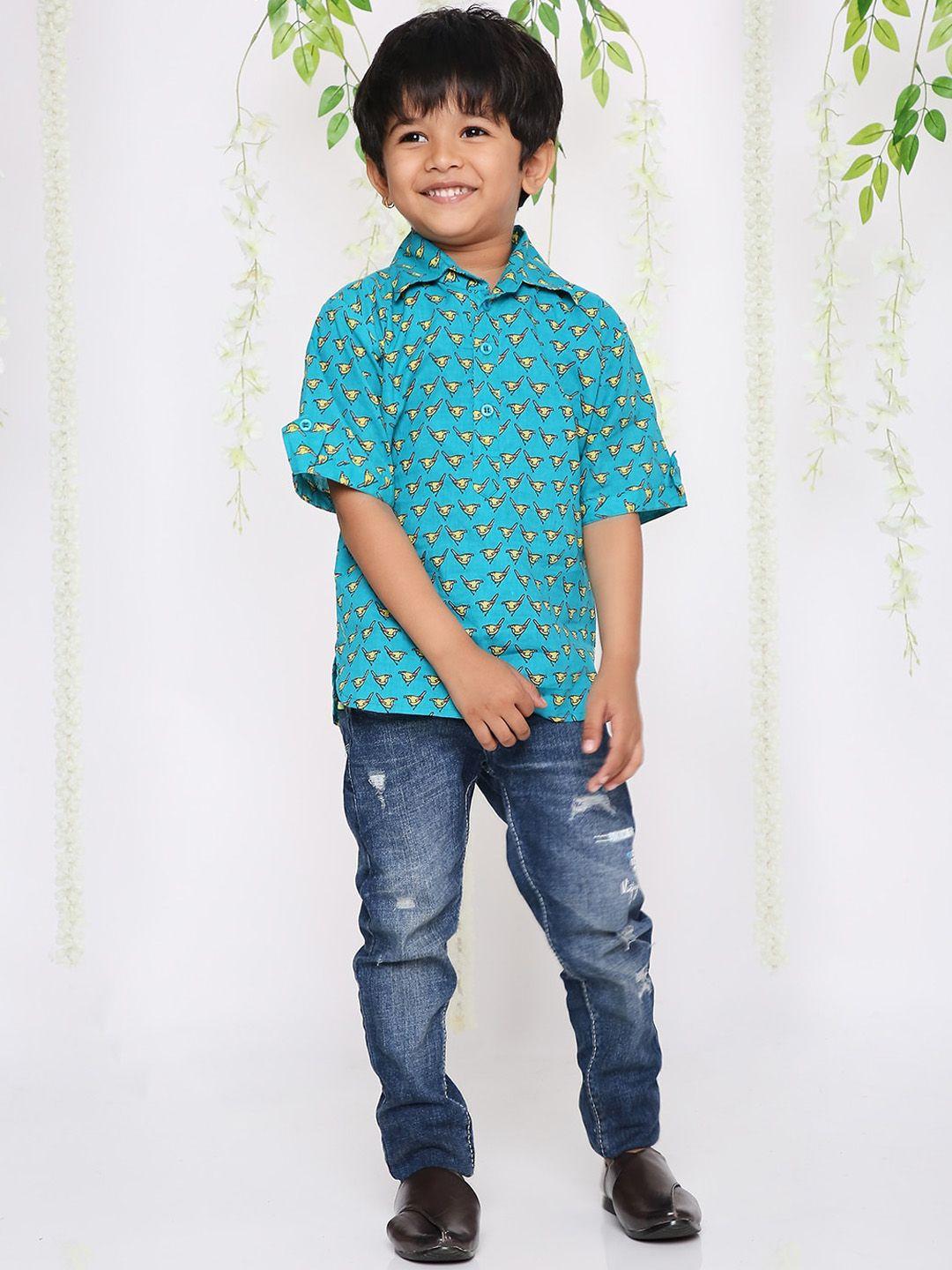 kid1 boys ethnic motifs printed shirt collar pure cotton pathani kurta