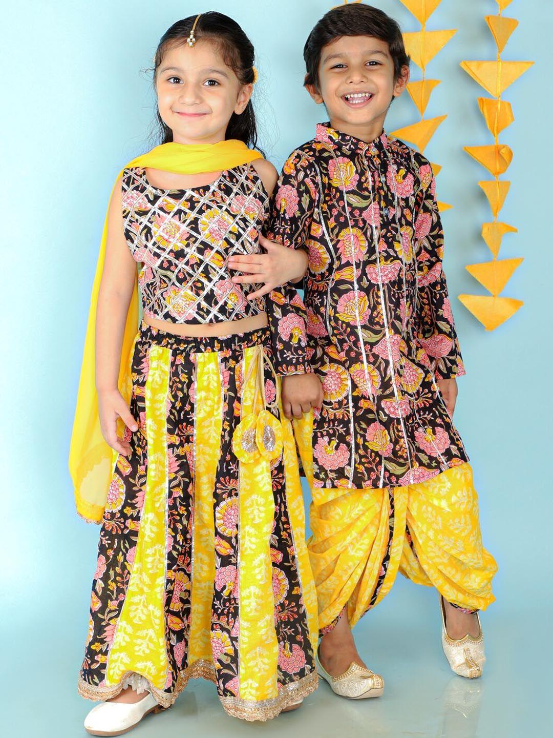 kid1 boys floral printed gotta patti pure cotton kurta with dhoti pants