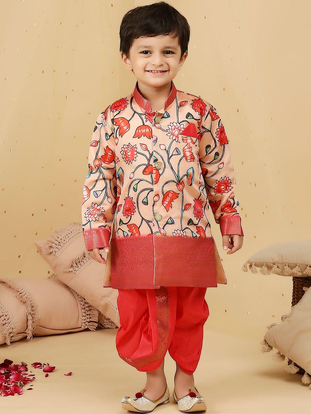 kid1 boys floral printed mandarin collar sherwani & dhoti