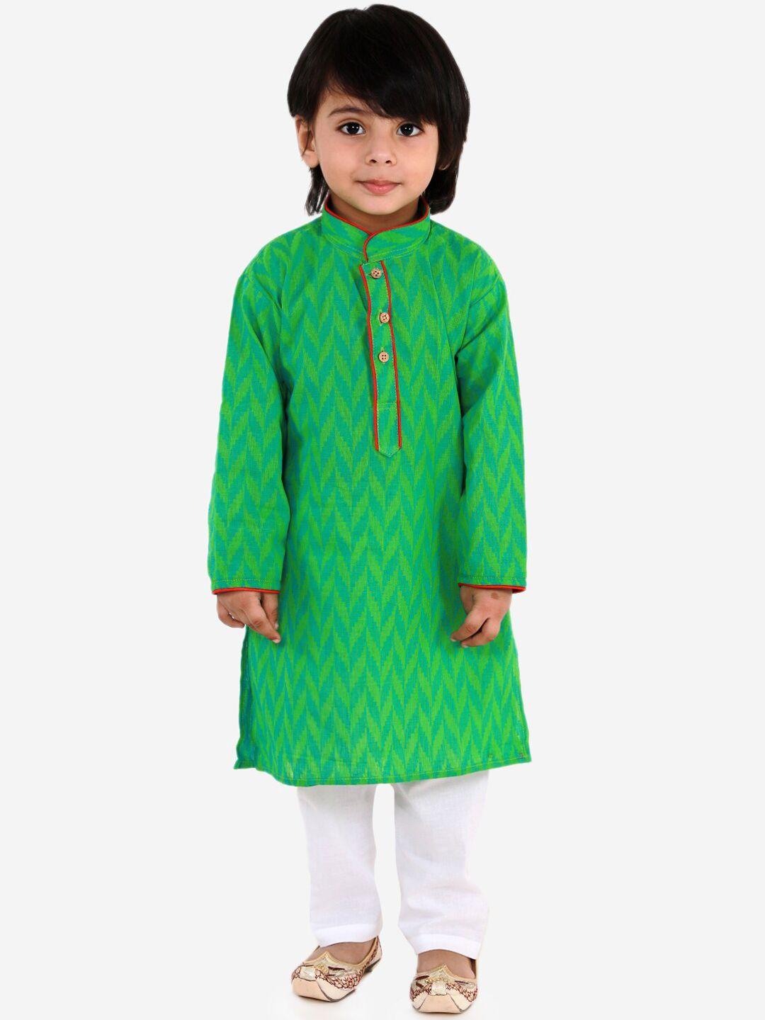 kid1 boys green & white woven design kurta with pyjamas