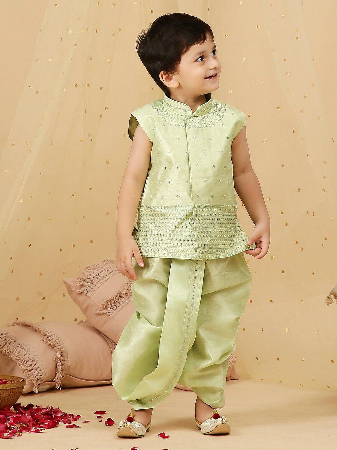 kid1 boys green ethnic motifs embroidered regular sequinned kurta with dhoti pants