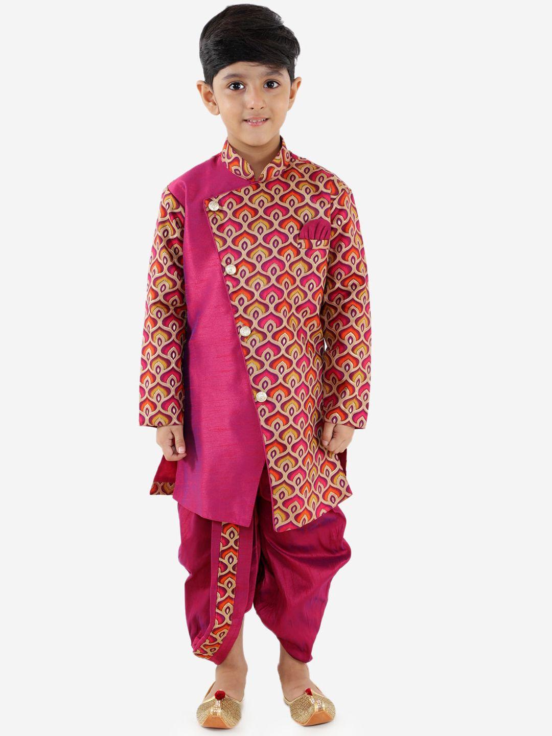 kid1 boys magenta & brown printed kurta with dhoti pants