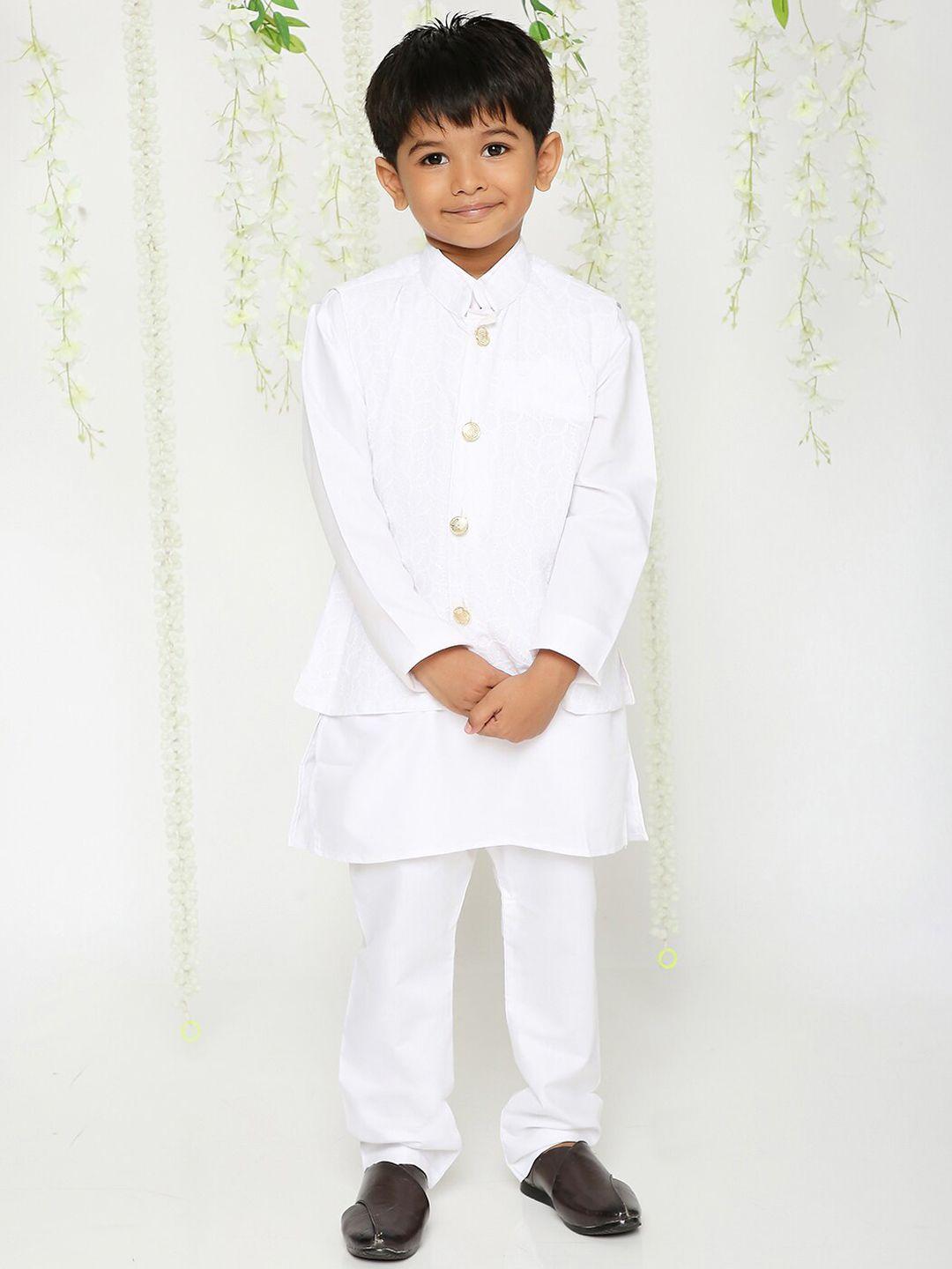 kid1 boys mandarin collar pure cotton straight kurta & pyjamas with embroidered jacket