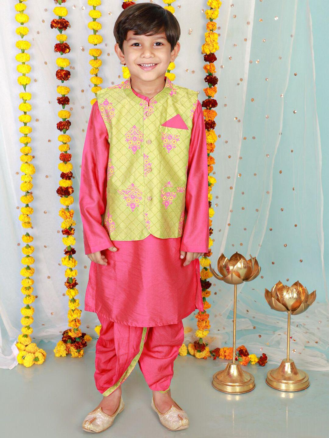 kid1 boys mandrain collar long sleeve silk blend kurta set with nehru jacket