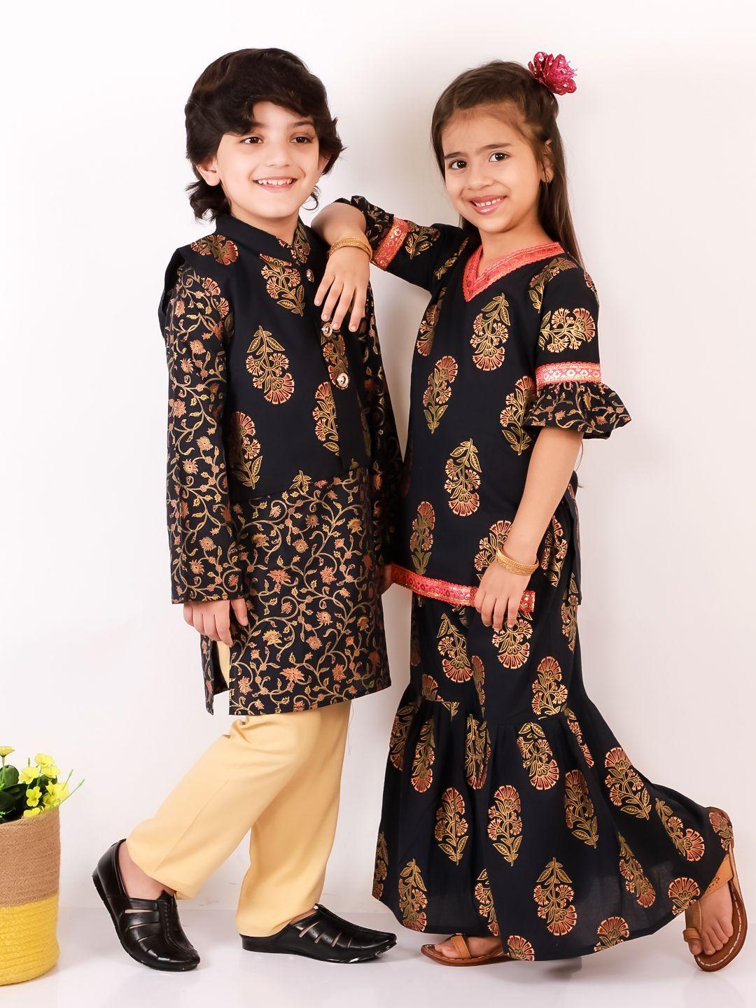 kid1 boys navy blue floral printed pure cotton kurta pyjama & jacket set