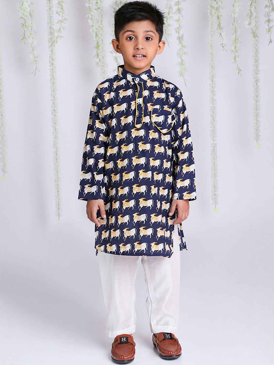 kid1 boys navy blue printed kurta with pyjamas