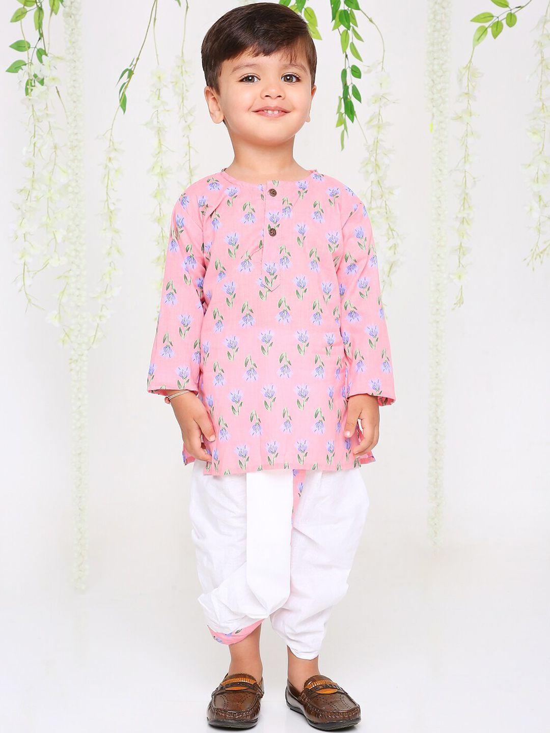 kid1 boys pink floral printed regular pure cotton kurta with dhoti pants