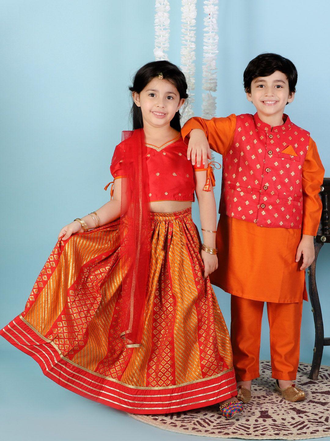 kid1 boys red & orange floral kurta with pajama & nehru jacket