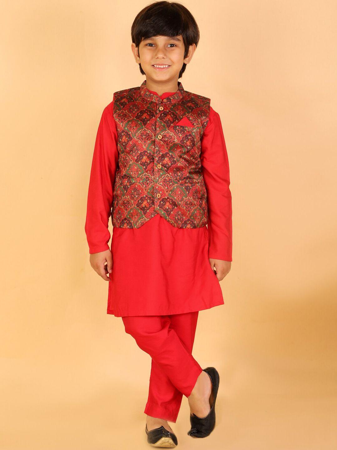 kid1 boys red ethnic motifs kurta with pyjamas & jacket