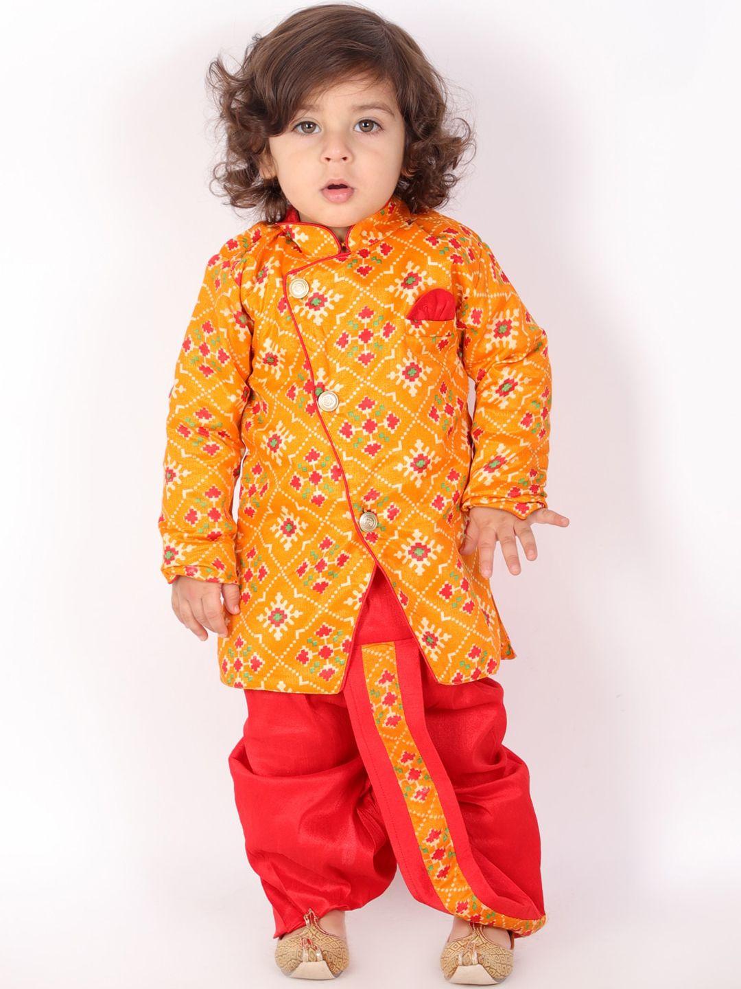 kid1 boys yellow & red pattola print sherwani with dhoti