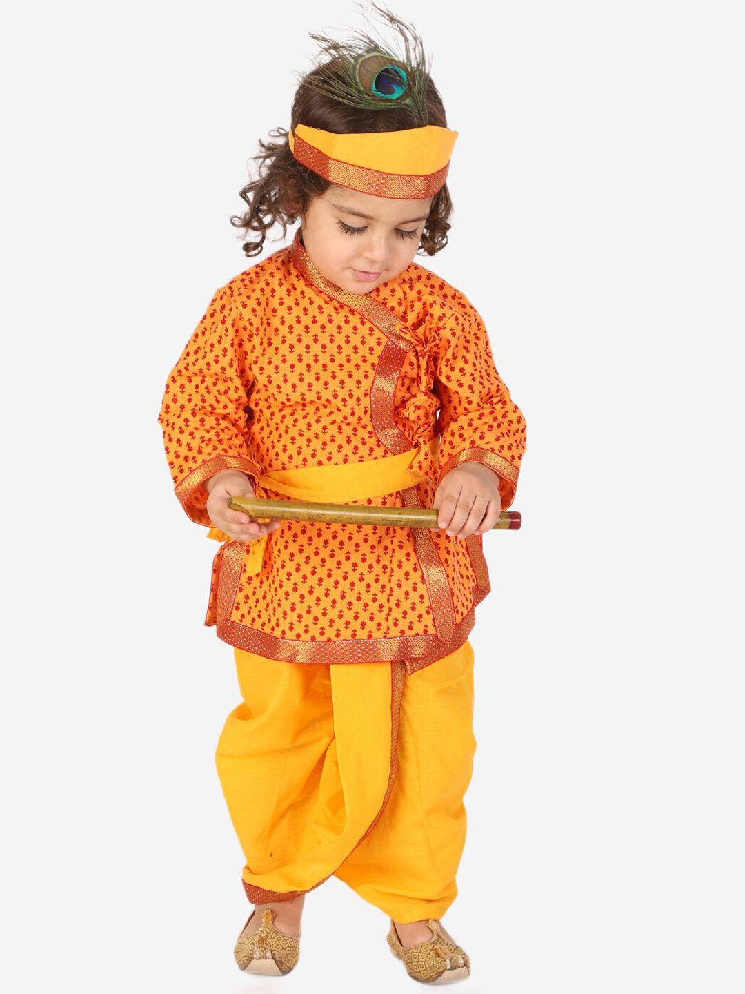kid1 boys yellow ethnic motifs printed pure cotton krishna set kurta with dhoti pants