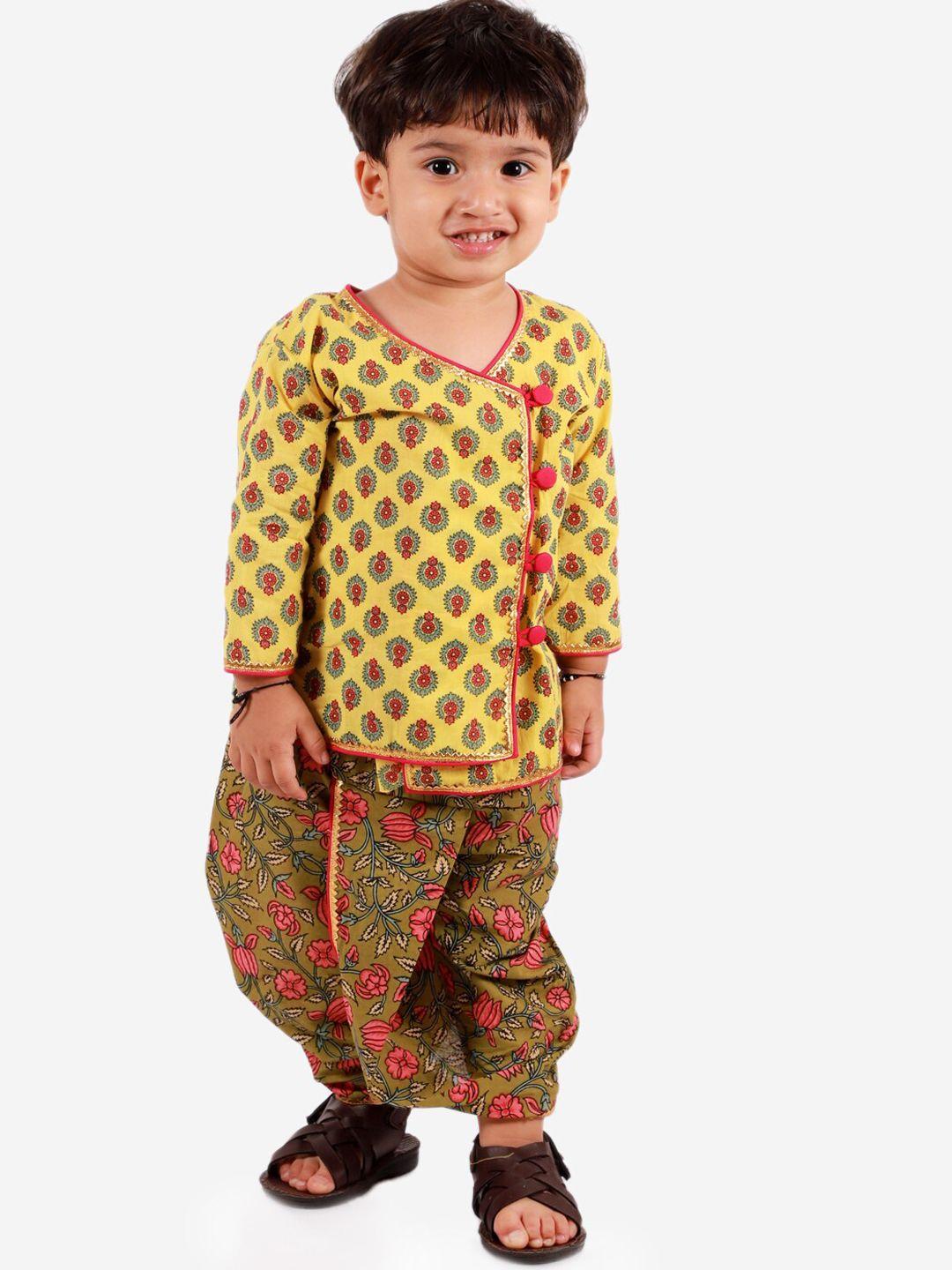 kid1 boys yellow ethnic motifs printed pure cotton kurta with angrakha dhoti pants