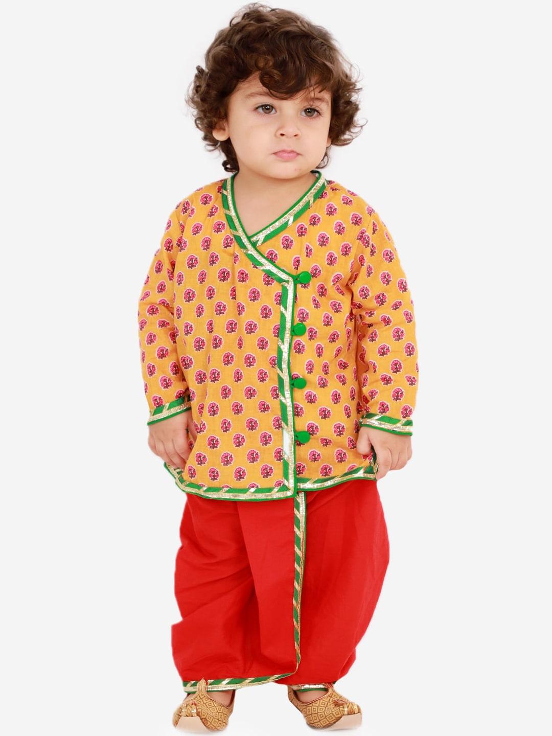 kid1 boys yellow floral angrakha gotta patti pure cotton kurti with dhoti pants