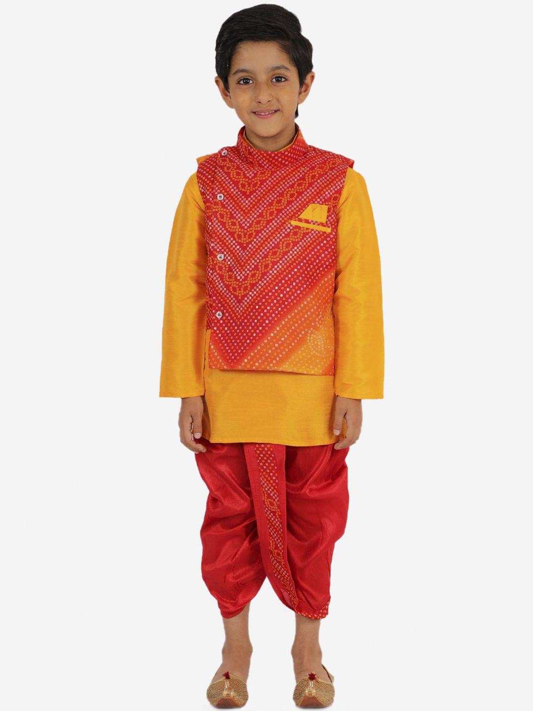 kid1 boys yellow solid regular bandhani kurta with dhoti pants & jacket