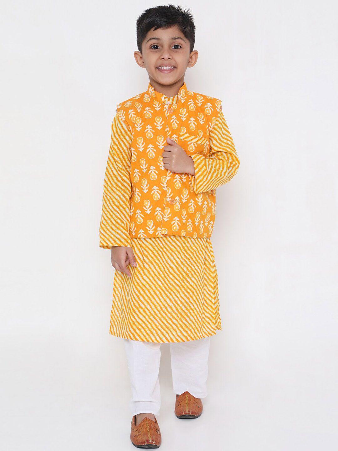 kid1 boys yellow striped regular pure cotton kurta with pyjamas