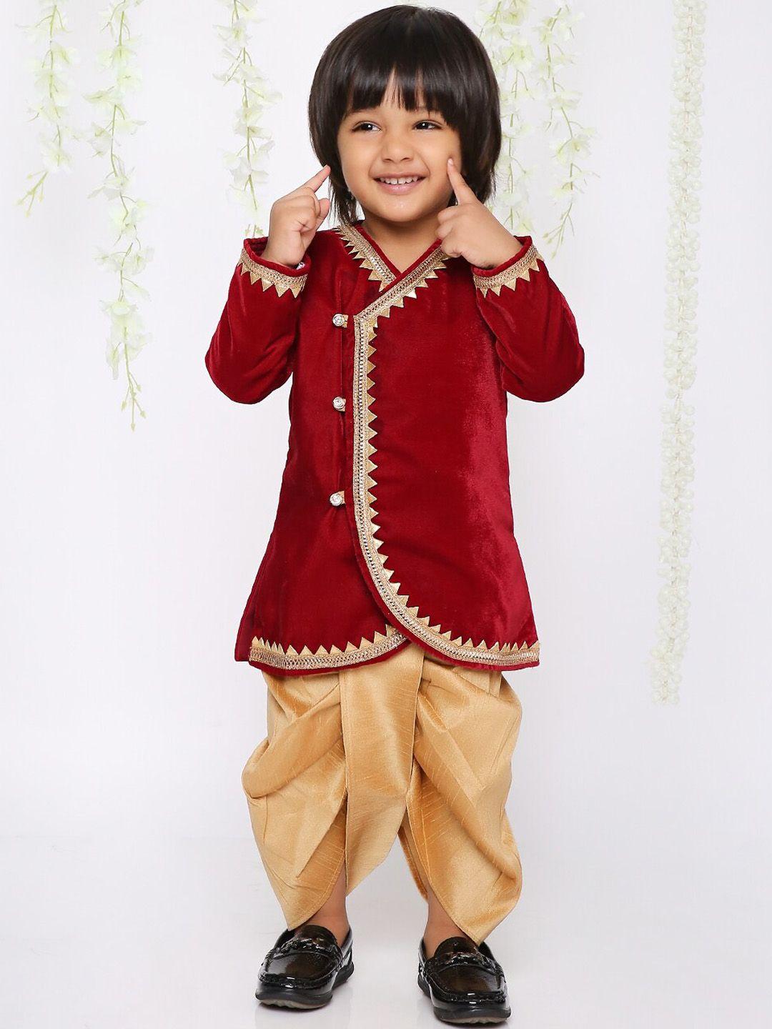 kid1 infants boys self designed velvet angrakha sherwani with dhoti