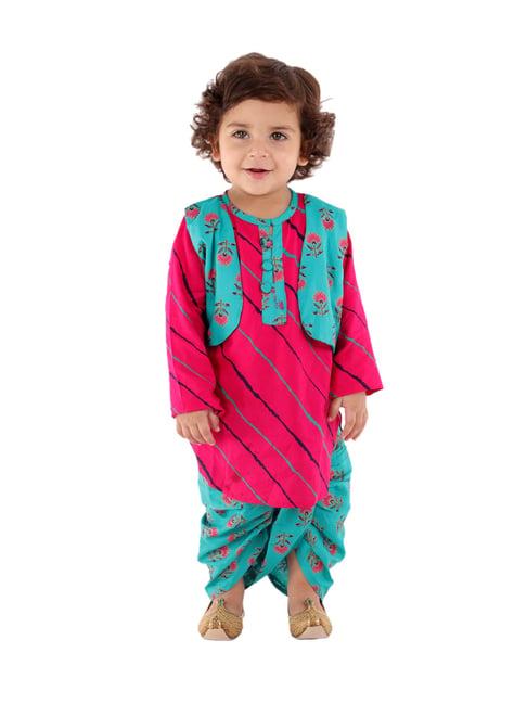kid1 kids pink & turquoise printed kurta with dhotis